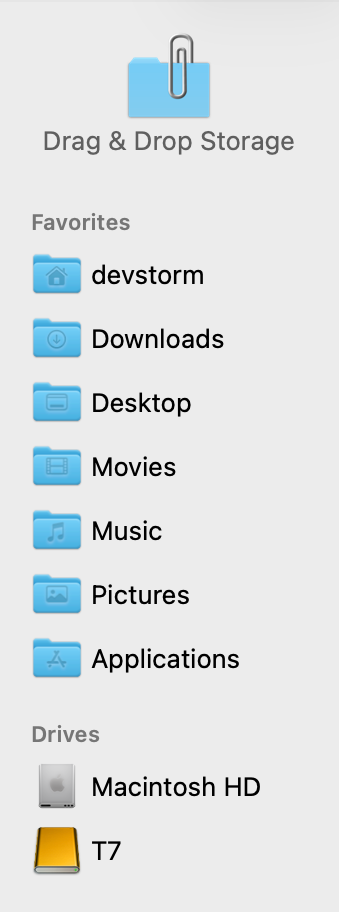 Left sidebar with Drag & Drop Storage, Favorites, and Drives