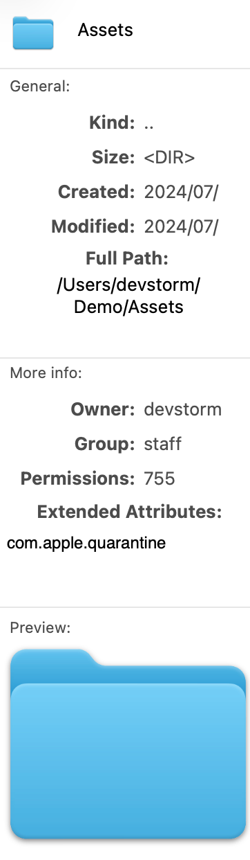Right sidebar in Information mode showing kind, size, dates, path, permissions, extended attributes, and mini Quick Look