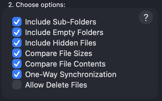 DSync comparison options panel showing the seven available checkboxes