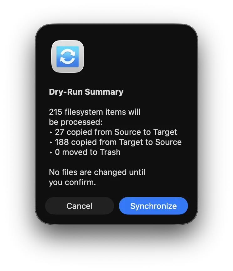 DSync Dry-Run Summary confirmation dialog listing 215 filesystem items to be copied and buttons for Cancel and Synchronize
