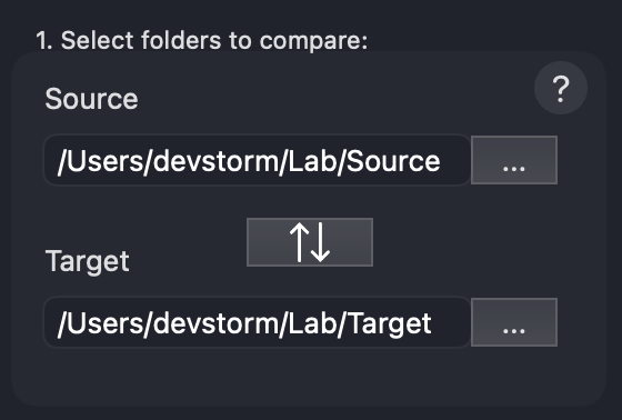 DSync folder selection panel showing Source and Target folders, browse buttons, and the swap control