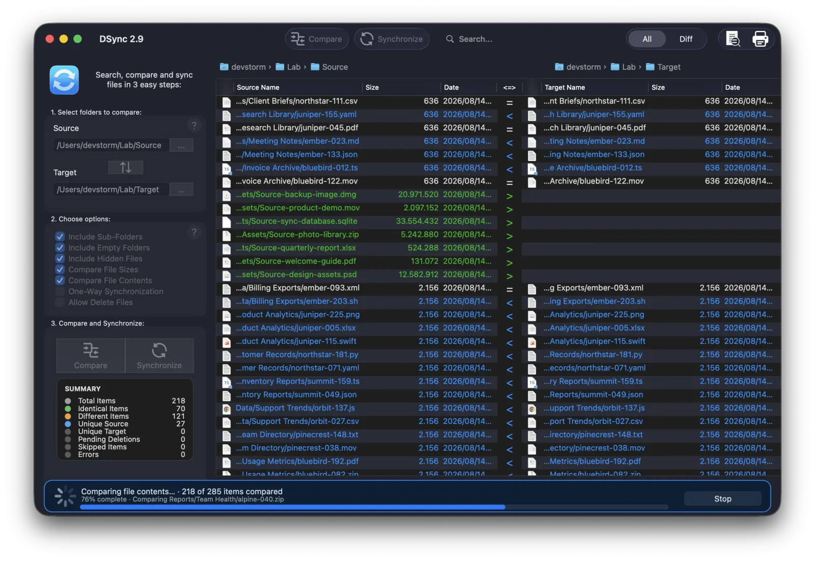 DSync comparison in progress, showing live result rows, the summary panel, and a 76 percent Comparing file contents progress indicator