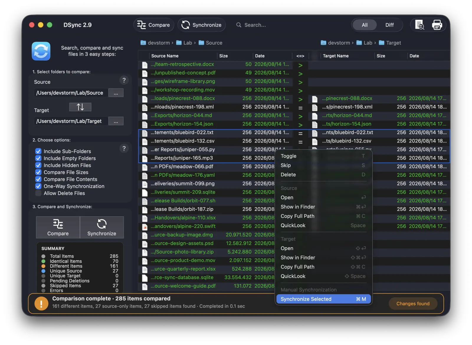 DSync completed comparison with selected result rows and the contextual menu showing Toggle, Skip, Delete, Source and Target actions, and Synchronize Selected