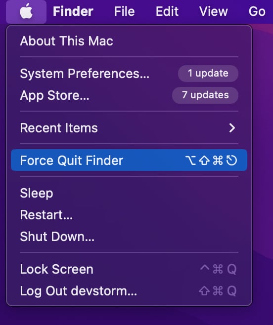 Force Quit can be found in the Apple menu by pressing a special key