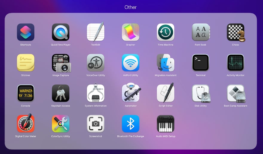 Utility apps are found in the Launchpad Other Folder