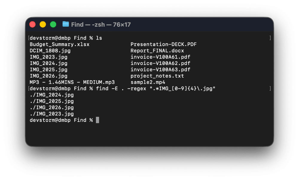 Find files regex mac terminal